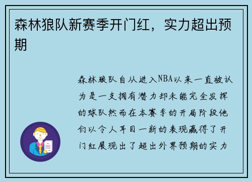 森林狼队新赛季开门红，实力超出预期